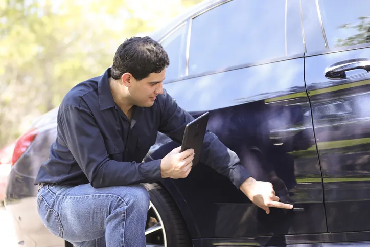 man inspects car for damages