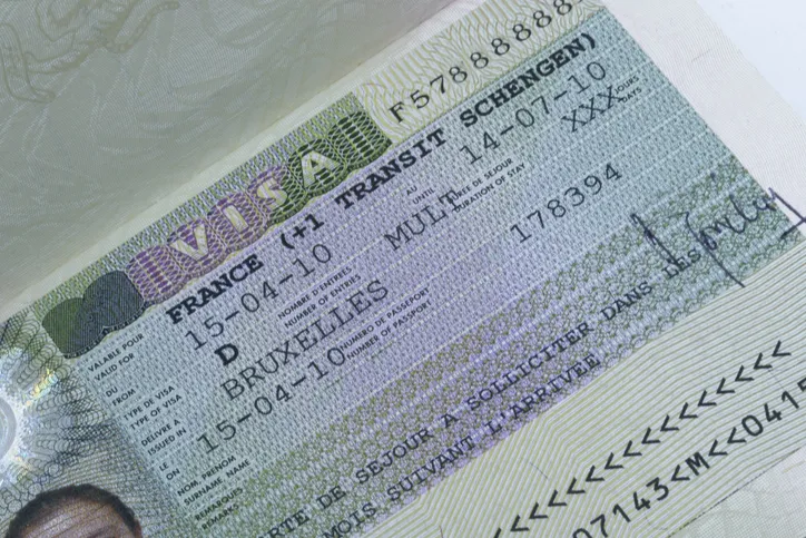 Close up of an European Schengen visa allowing the passport holder to travel inside the Schengen treaty territory