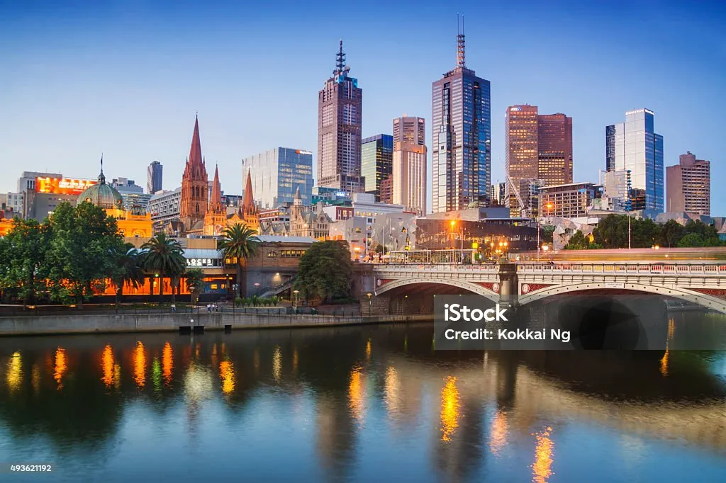 Melbourne's skyline at dusk.